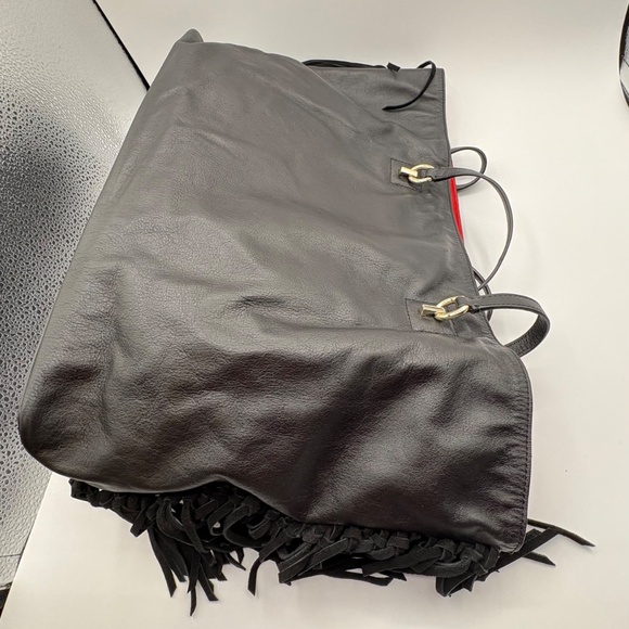NEW~Diane Von Furstenberg Black Leather Tote/ Purse~Suede SideFringe~Red Lining - Picture 9 of 16